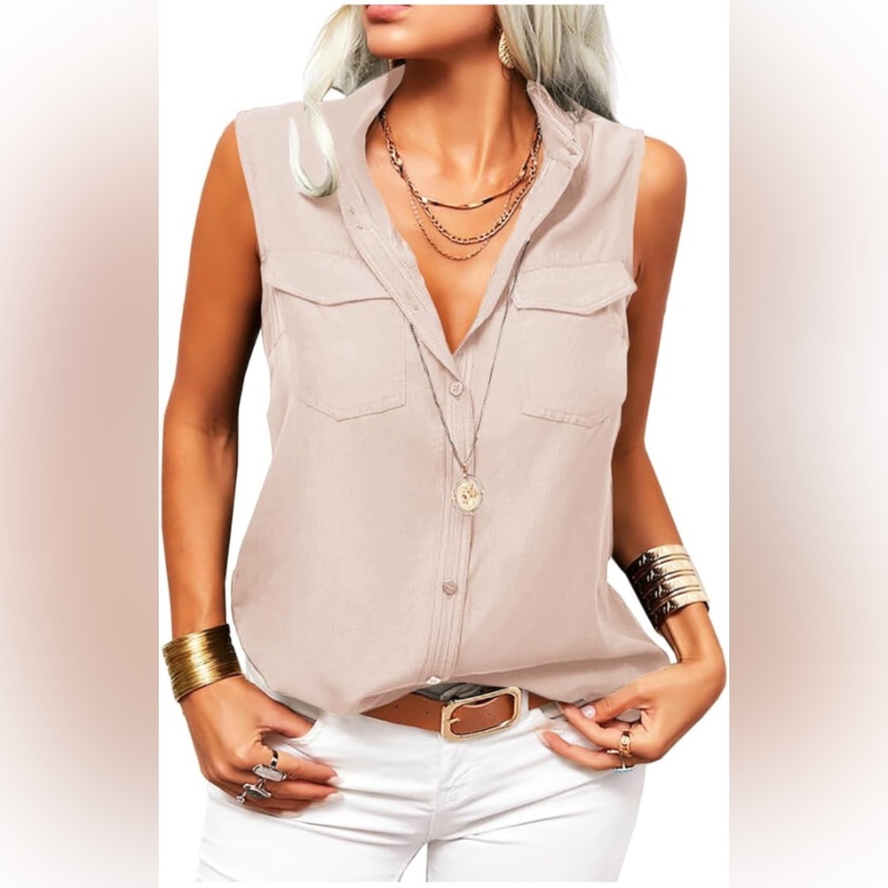 Apricot Solid Sleeveless Tank Top Summer Button Down Shirts Office Ladies Shirt - Picture 2 of 5